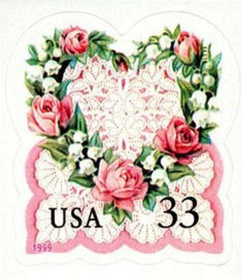 10 Unused Lace Heart Stamps Vintage Pink Rose Love Postage Stamps