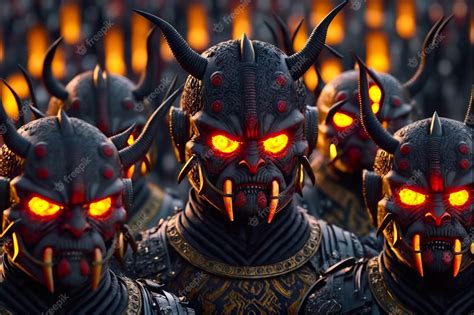 Premium Photo Fantasy Army Of Demons In Armor With Fiery Eye