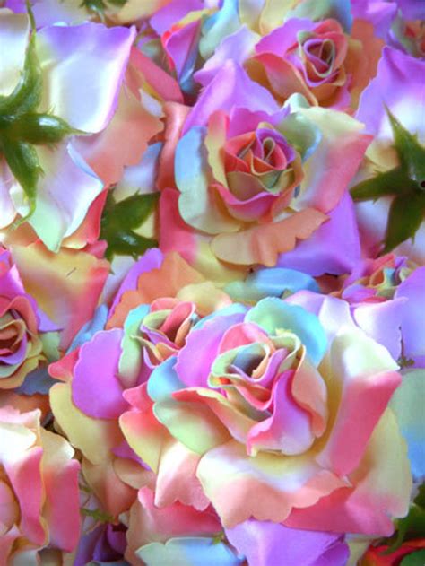 12 Light Rainbow Roses Artificial Silk Flower Heads 375 Etsy