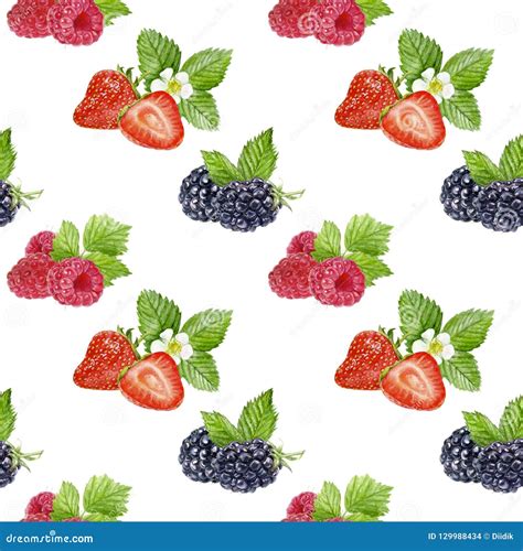 Berries Seamless Pattern Watercolor Illustration Isolated On White