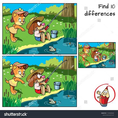 Cute Kitty And Funny Little Dog Are Fishing Find 10 Differences