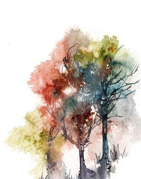 Abstract Trees Bright Colors Autumnal Fine Art Print Forest Watercolor