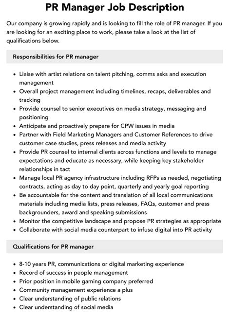 PR Manager Job Description Velvet Jobs