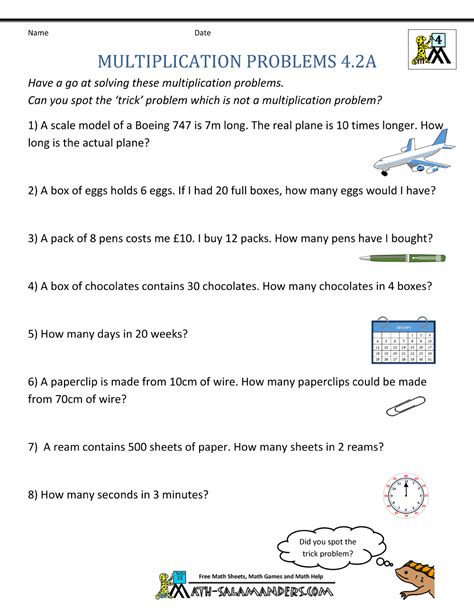 Consider the following examples on word problems involving multiplication Multiplication Word Problems 4th Grade