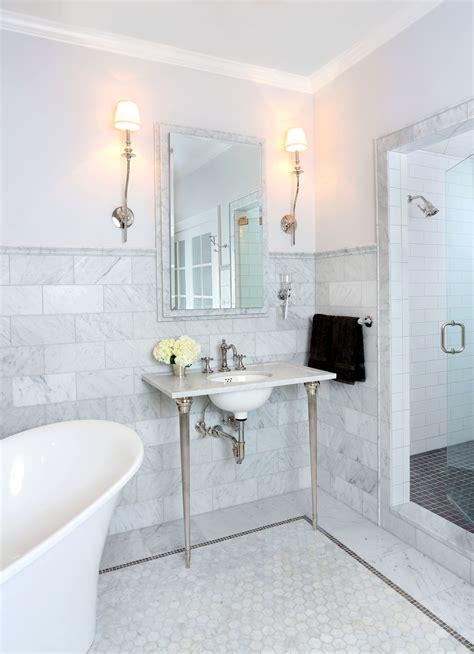 French Inspired Primary Bathroom Carrera Marble Bathroom Carrara