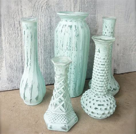 Shabby Chic Painted Vases Set Of 5 In Teal Aqua By Huckleberryvntg Teal