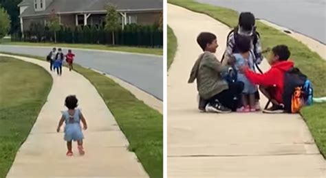 Ein Kleines Mädchen Rennt Auf Dem Heimweg Von Der Schule Zu Ihren älteren Geschwistern Um Sie