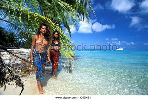 French Polynesia Tuamotus Women On The Beach Stock Photo Royalty