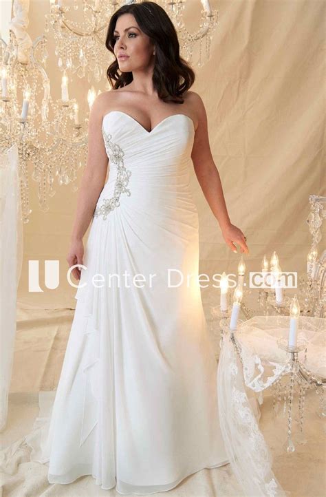 Sheath Long Beaded Sweetheart Chiffon Plus Size Wedding Dress With Criss Cross And Draping Plus