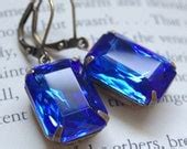 Items Similar To Sapphire Blue Czech Glass Earrings Antique Brass