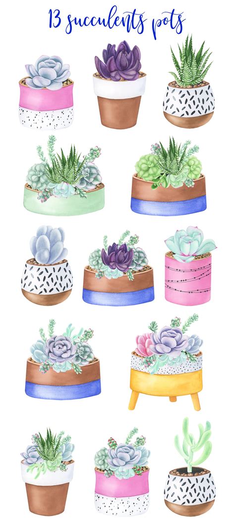 Watercolor Succulents Pots Clipart 260158 Illustrations Design