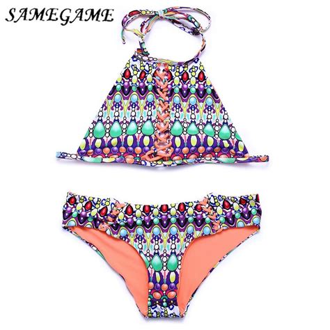 Samegame 2018 New Sexy Bikinis Women Swimwear Swimsuit Crop Top High Neck Bikini Set Push Up