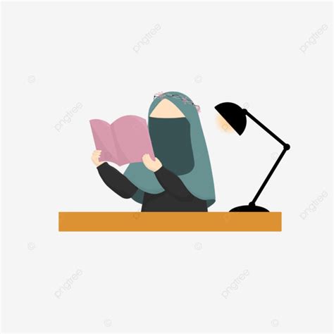 램프 아래에서 녹색 Niqab 읽기 책을 가진 무슬림 이슬람교도 책 램프 Png 일러스트 및 Psd 이미지 무료 다운로드