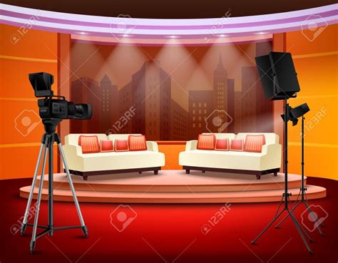 Talk Show Studio Interior With Comfortable Sofas On Pedestal Filming