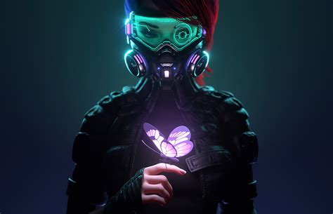 Cyberpunk Girl In A Gas Mask Looking At The Glowing Butterfly Landed On Her Finger 4k Hd Artist