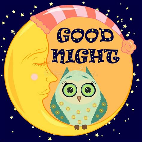 Good Night Card With Sleeping Moon And Cute Owl Illustration Stock