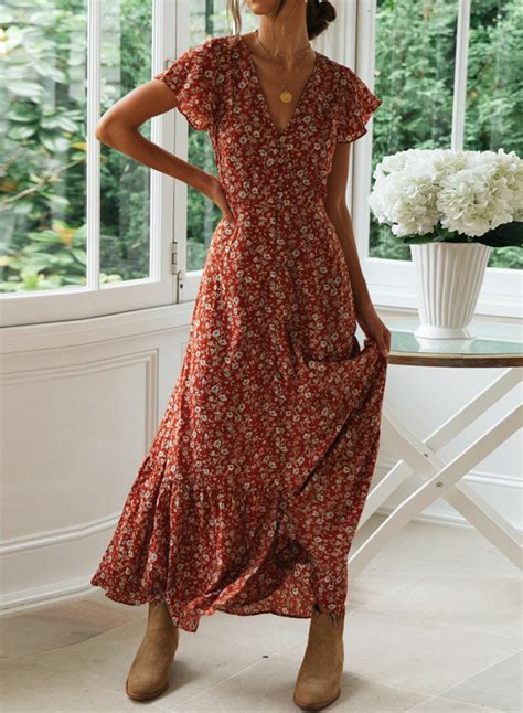 Boho Floral Butterfly Sleeves Maxi Dress