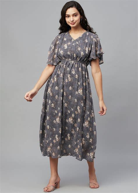 Get Grey Printed Half Sleeve V Neck Dress At ₹ 1395 Lbb Shop
