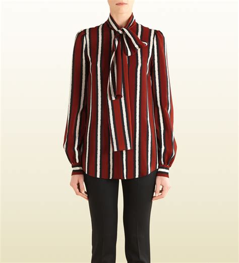 Gucci Stripe Silk Blouse With Scarf In Red Lyst