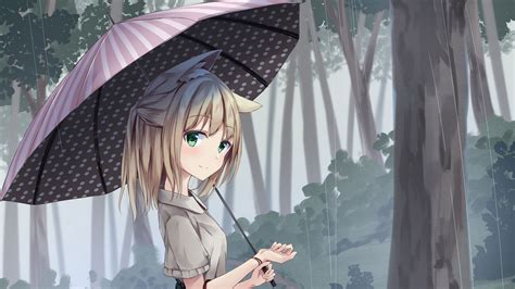 green eyes anime girl under umbrella rain background hd anime girl wallpapers hd wallpapers