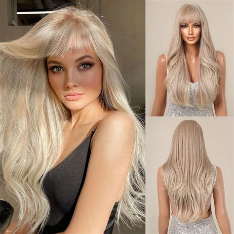 Allbell Long Platinum Blonde Wavy Wigs With Bangs Strawberry Blonde Hair Long Wavy