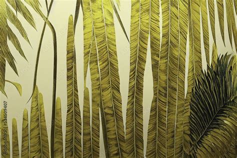 Tropical Gold Palm Leaves Mural Wallpaper For Internal Printing
