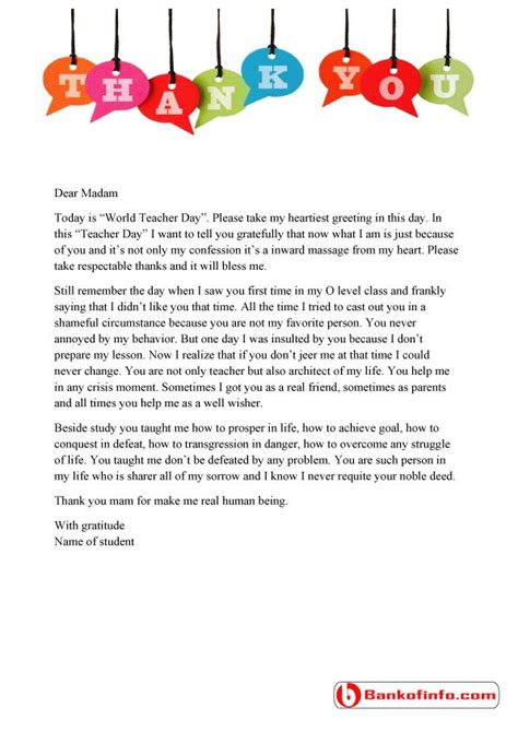 A Sample Thank You Letter To Teacher From Student For The Occasion Of