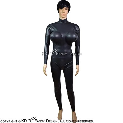 black sexy latex catsuit met opblaasbare borsten terug naar kruis rits rubber bodysuit algehele