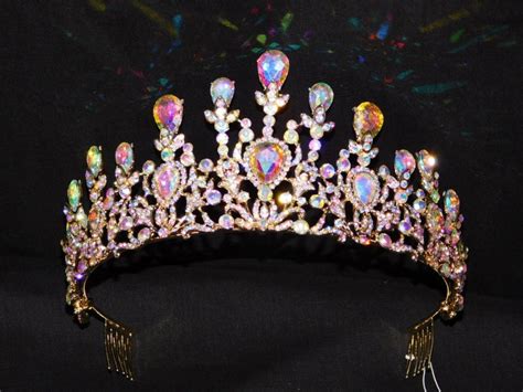 gold ab rhinestone crystal beauty queen large tiara crown etsy