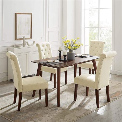 Fabric Tufted Dining Chairs With Rubber Solid Wood Leg High Back