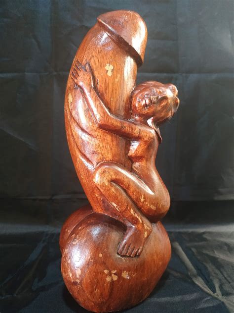 Vintage Old Erotic Sculpture A Woman Lying On A Wooden Phallus Of A