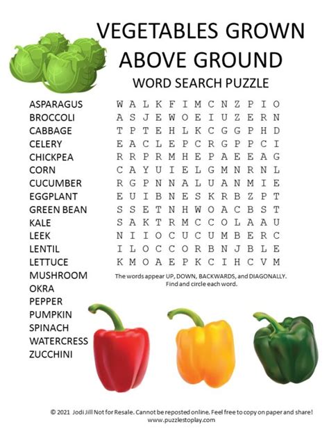 Vegetables Grown Above Ground Word Search Puzzles To Play