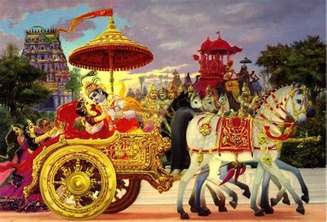 Krishna Kidnaps Rukmini And Rides Away In His Chariot Rukmini Is Said