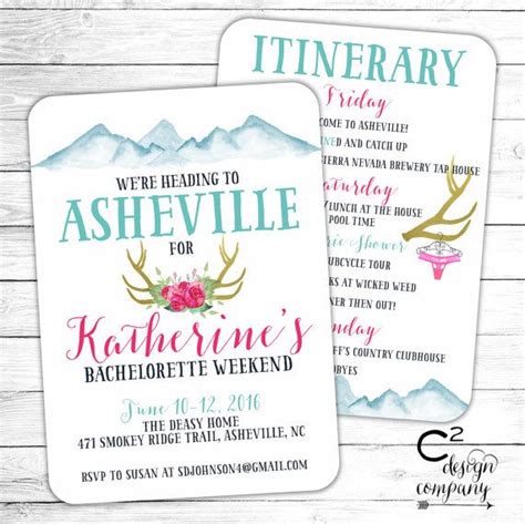 Celebrate your weekend in asheville with local craft beverage tastings, tasty treats, fun group crafting projects, photo booth shoots and more! Asheville Bachelorette Party Invitation with Itinerary | Bachelorette party invitations ...