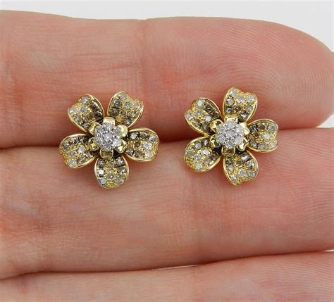 14k Yellow Gold Diamond Flower Stud Earrings Cluster Studs Fancy