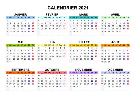 Calendrier Annuel 2021 à Imprimer Gratuit