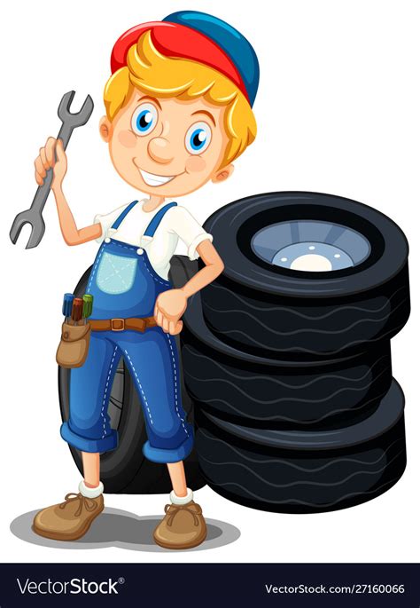 Mechanic With Tools And Tyres Royalty Free Vector Image