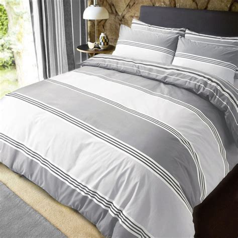 Luxury Banded Stripe Grey Duvet Set Reversible Quilt Cover Bedding