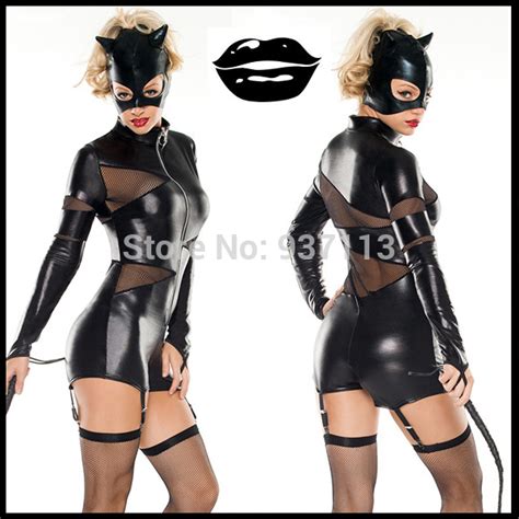 Fast Delivery Adult Women Black PU Patent Leather Catsuit Sexy Catwoman Costume Cat Mask Latex