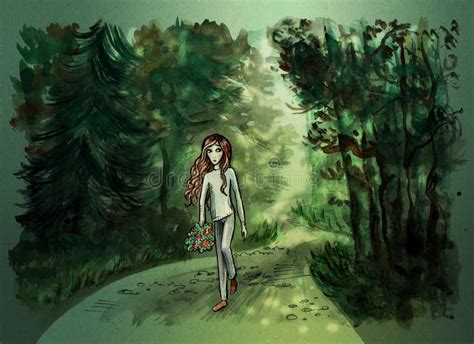 Niña que camina a través del bosque stock de ilustración