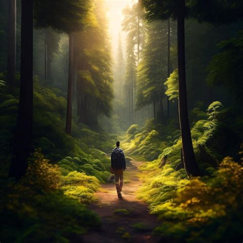 Premium Photo A Man Walks Down A Path In A Forest With The Sun