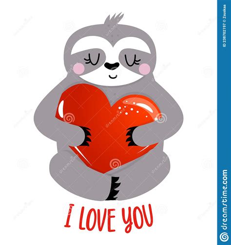 Love Sloth Postcard Vector Illustration Valentine`s Day Card With Cute