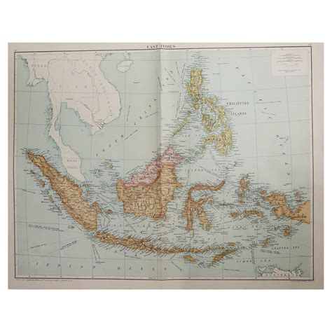 Large Original Vintage Map Of Se Asia With A Vignette Of Singapore
