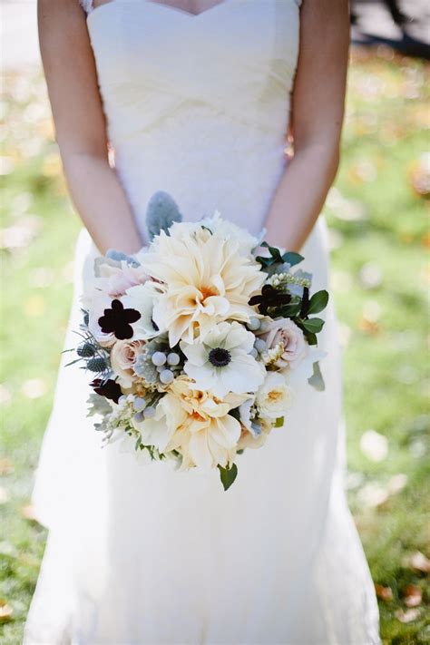 October Wedding Bouquet With Dahlia Anemone Thistle Roses Cosmos