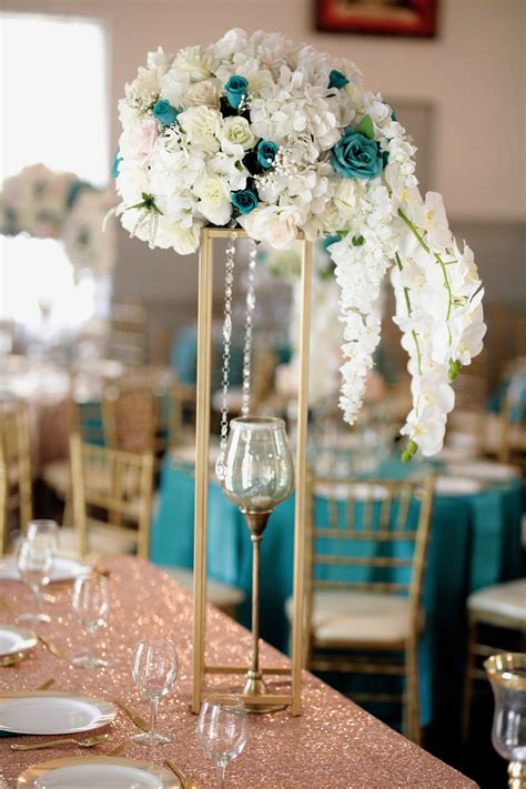 Teal and Rose Gold | Gold wedding centerpieces, Gold wedding