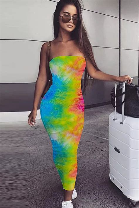 Us88 Multicolor Tie Dye Strapless Bodycon Long Dress Wholesale Online