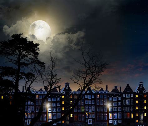 Full Moon Magical Night City Buildings Trees Sky Clouds