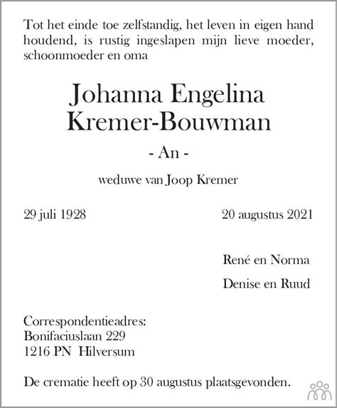 Johanna Engelina An Kremer Bouwman Overlijdensbericht En My Xxx Hot Girl