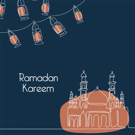 Ramadan Kareem Banner Template With Mosque And Lantern Continuous Line