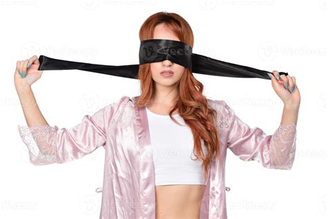 Beautiful Sexy Redhead Woman With Black Lace On The Eyes Blindfolded